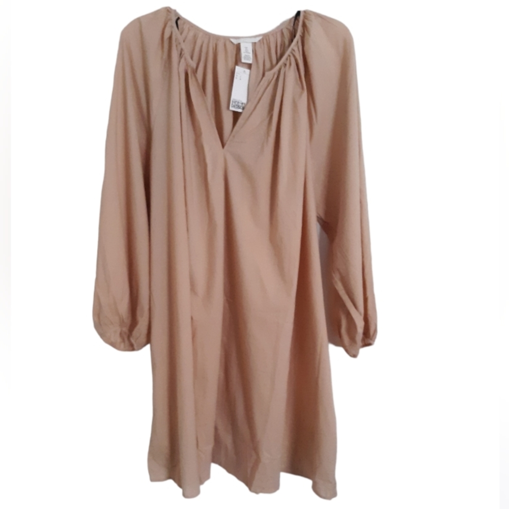 NWT H&M Large Tan V-Neck Smock Mini Dress